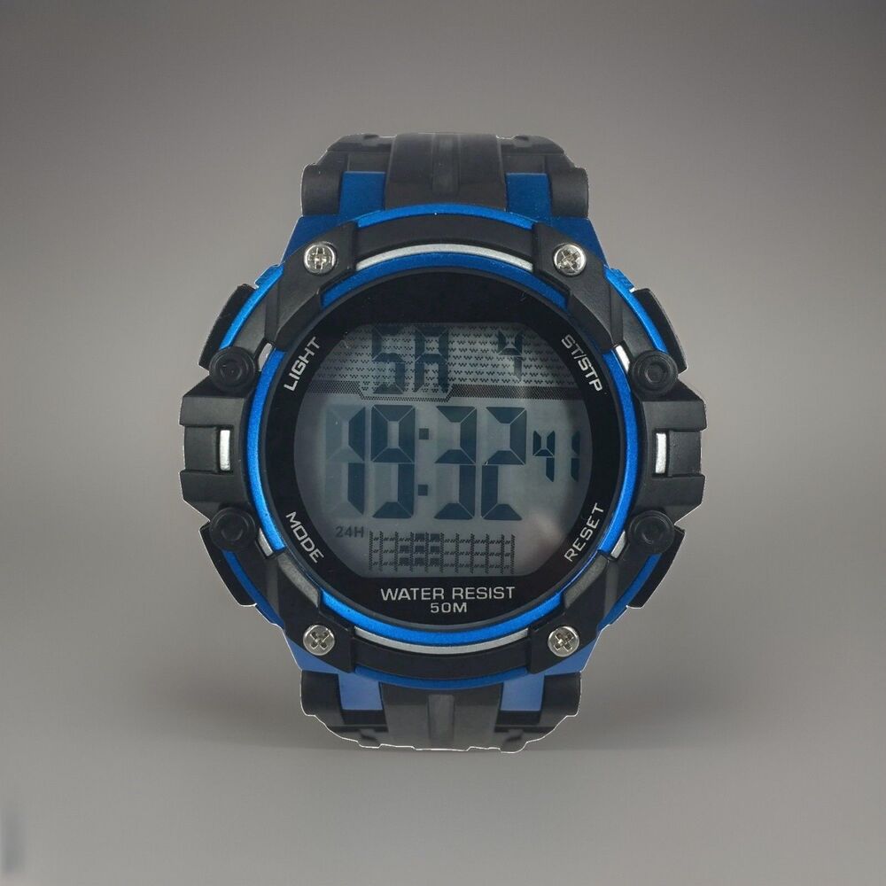 George Mens Digital Sport Wrisit Watch Black With Blue Accents New In Box